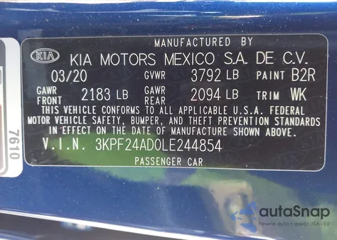 2020 Kia Forte Lxs from USA, damaged, VIN 3KPF24AD0LE244854